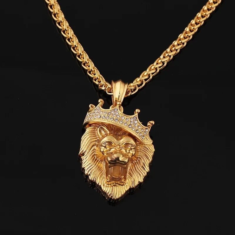 Bohemian Lion Head Pendant Necklace with Crystal Crown