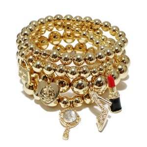 Multi-layered Pearl Beaded Bracelets Stretch Adjustable Gold CC