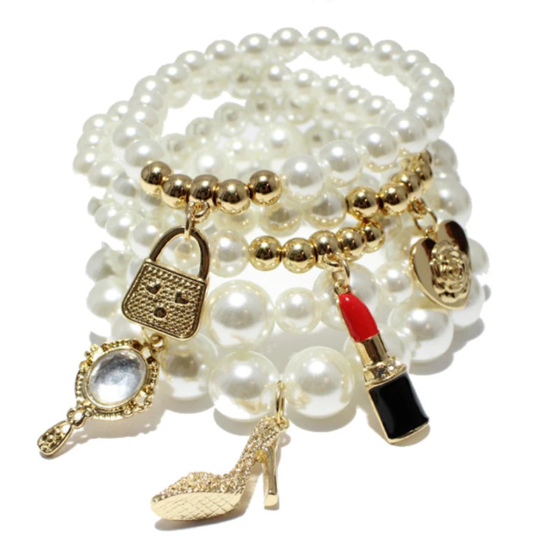 Multi-layered Pearl Beaded Bracelets Stretch Adjustable Gold CC