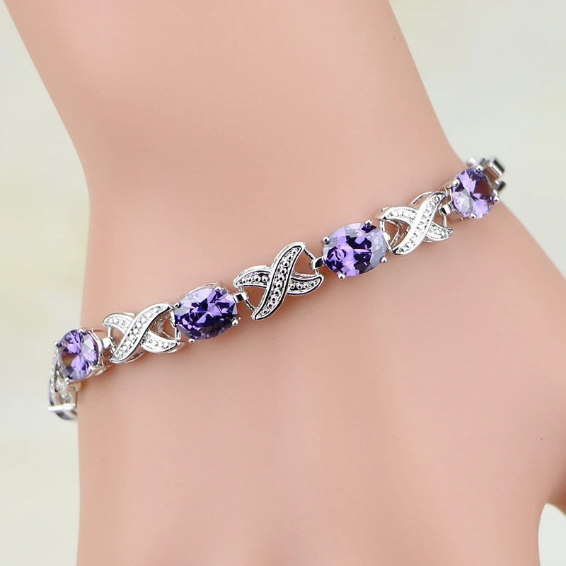 Purple Zircon Crystal Chain Bracelet 925 Sterling Silver
