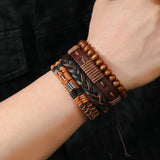 Men's Multilayer Wood Bead PU Leather Bangle Jewelry