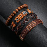 Men's Multilayer Wood Bead PU Leather Bangle Jewelry