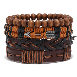 Men's Multilayer Wood Bead PU Leather Bangle Jewelry