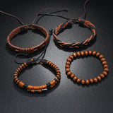 Men's Multilayer Wood Bead PU Leather Bangle Jewelry