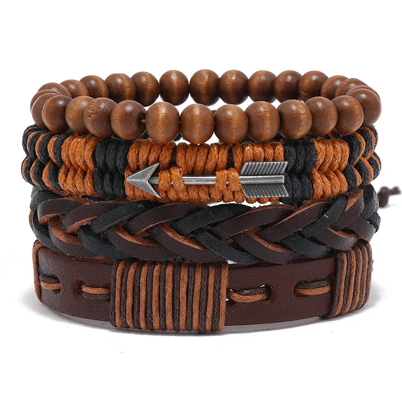 Men's Multilayer Wood Bead PU Leather Bangle Jewelry