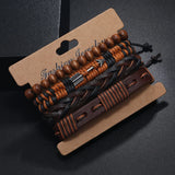 Men's Multilayer Wood Bead PU Leather Bangle Jewelry