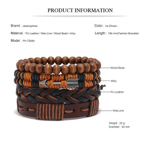 Men's Multilayer Wood Bead PU Leather Bangle Jewelry