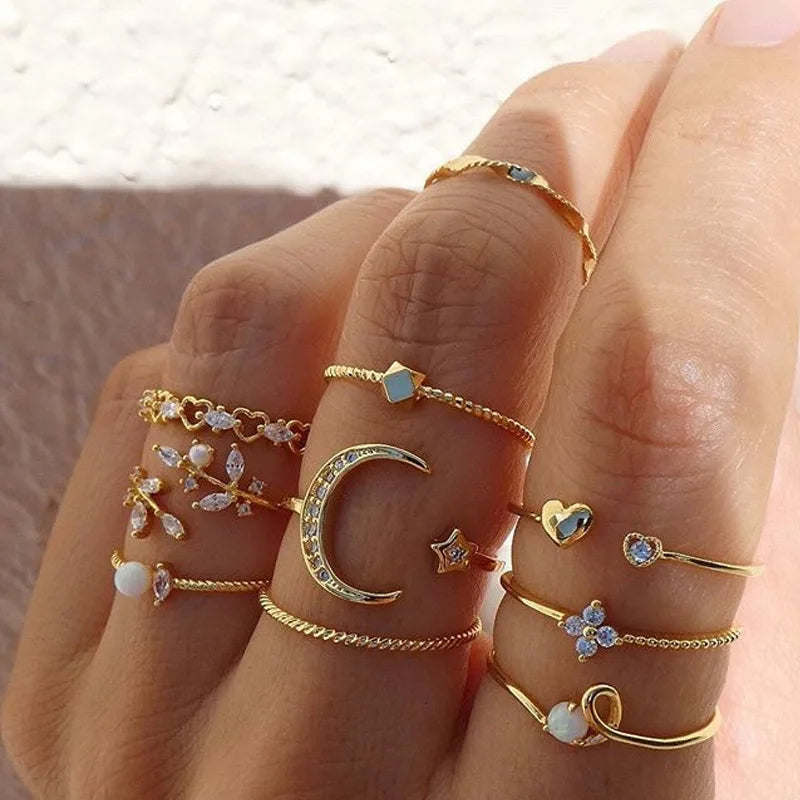 Flower Moon Heart Rhinestone Rings Set Wedding Jewelry