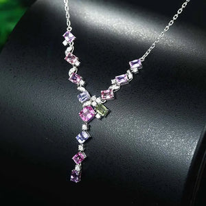 Silver Geometric Necklaces For Women Pink Purple Zircon Stone Inlay