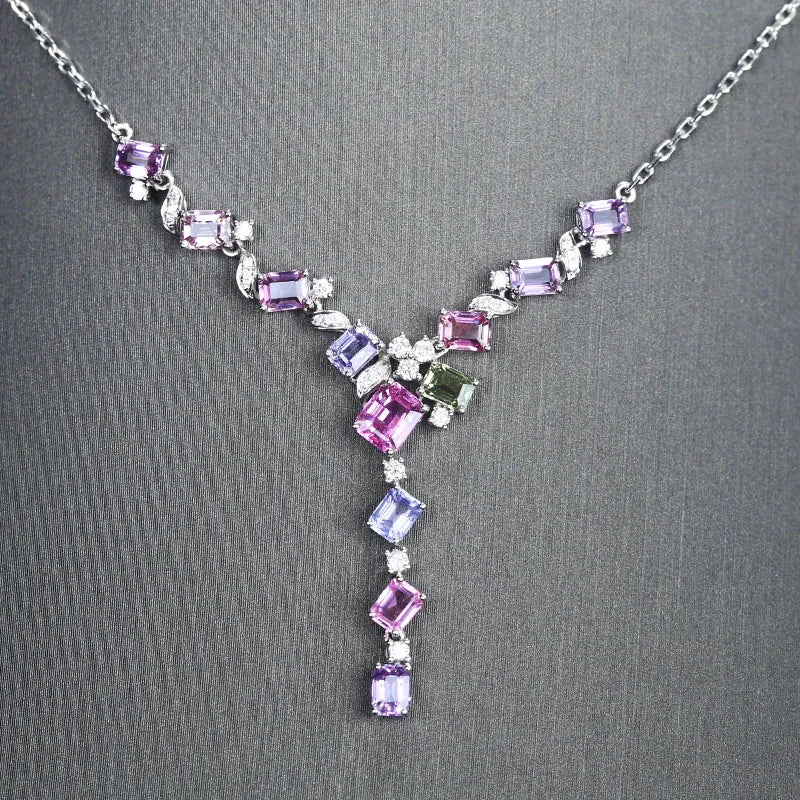 Silver Geometric Necklaces For Women Pink Purple Zircon Stone Inlay