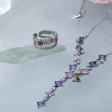 Silver Geometric Necklaces For Women Pink Purple Zircon Stone Inlay