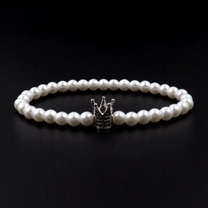 Men's Skull Bracelet with Pave CZ Charm & 6mm Strand Pearl Bead - Jewelry Gift