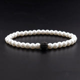Men's Skull Bracelet with Pave CZ Charm & 6mm Strand Pearl Bead - Jewelry Gift