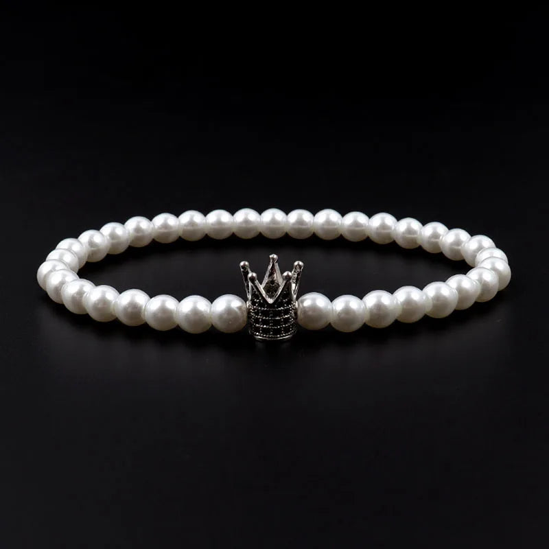 Men's Skull Bracelet with Pave CZ Charm & 6mm Strand Pearl Bead - Jewelry Gift