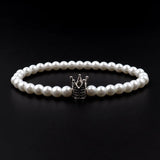 Men's Skull Bracelet with Pave CZ Charm & 6mm Strand Pearl Bead - Jewelry Gift