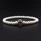 Men's Skull Bracelet with Pave CZ Charm & 6mm Strand Pearl Bead - Jewelry Gift