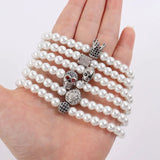 Men's Skull Bracelet with Pave CZ Charm & 6mm Strand Pearl Bead - Jewelry Gift