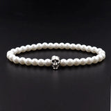 Men's Skull Bracelet with Pave CZ Charm & 6mm Strand Pearl Bead - Jewelry Gift
