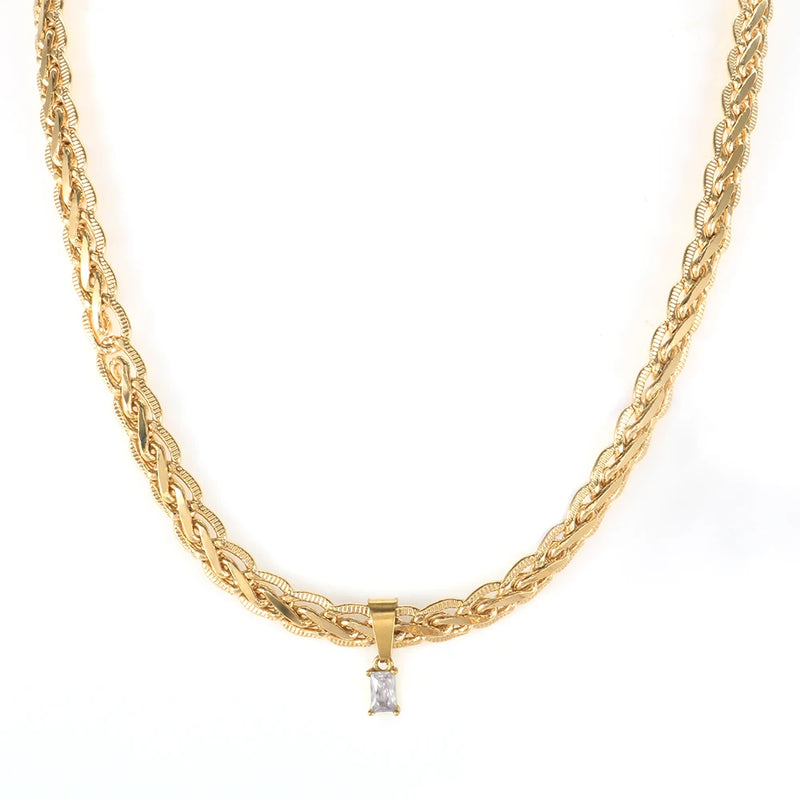 Square Zircon Pendant Choker Necklace Heavy Chain for Party