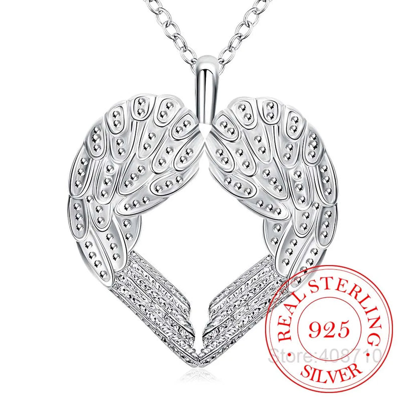 Angel Wings Heart Pendant Necklace 925 Sterling Silver Women
