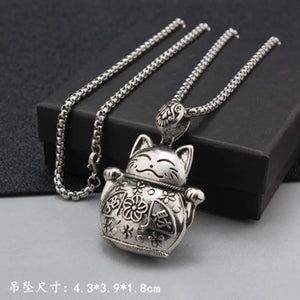 Titanium Lucky Cat Pig Sweater Necklace Female Antique Silver Long Necklace
