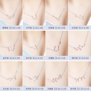 Zodiac Sign Necklace 925 Sterling Silver Crystal Pendant Women Wedding Jewelry