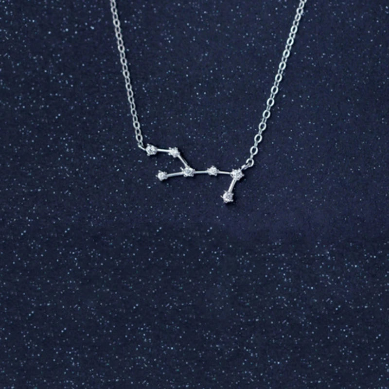 Zodiac Sign Necklace 925 Sterling Silver Crystal Pendant Women Wedding Jewelry