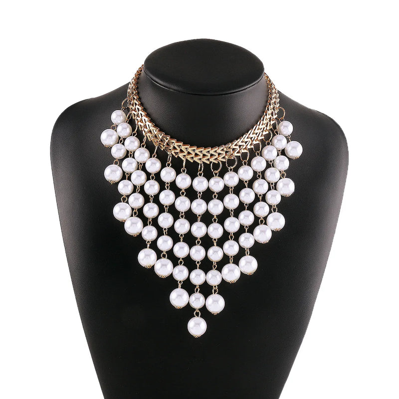 Vintage Pearl Tassel Choker Chain Necklace for Women Girls