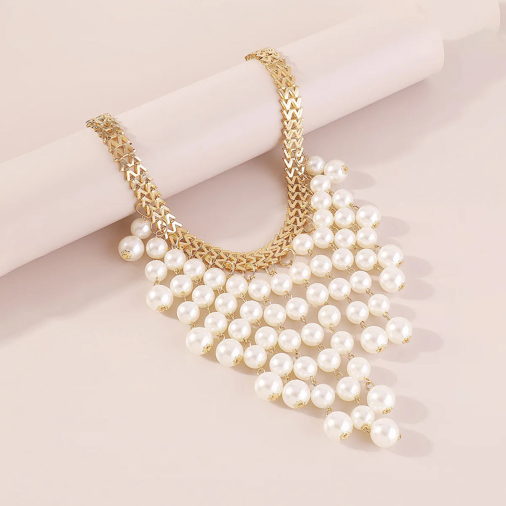Vintage Pearl Tassel Choker Chain Necklace for Women Girls