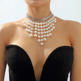 Vintage Pearl Tassel Choker Chain Necklace for Women Girls