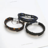 Volcanic Rock Leather Stainless Steel Braided Bracelet for Men
