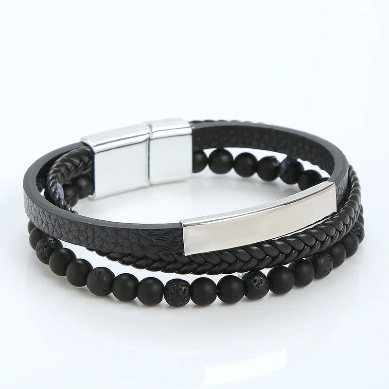 Volcanic Rock Leather Stainless Steel Braided Bracelet for Men