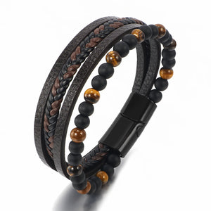Volcanic Rock Leather Steel Braided Bracelet for Men