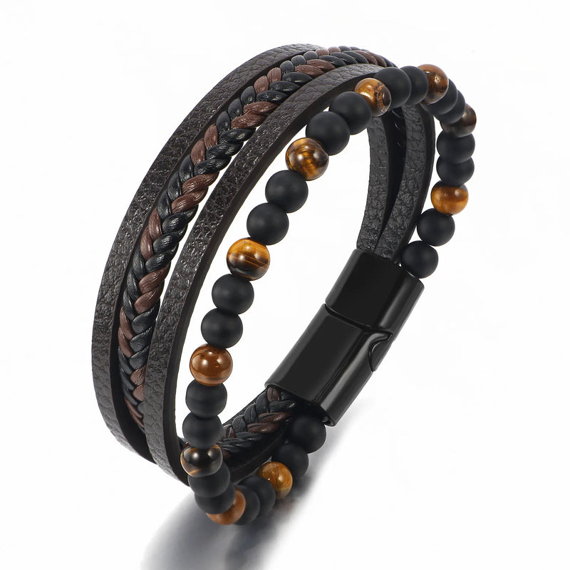 Volcanic Rock Leather Steel Braided Bracelet for Men
