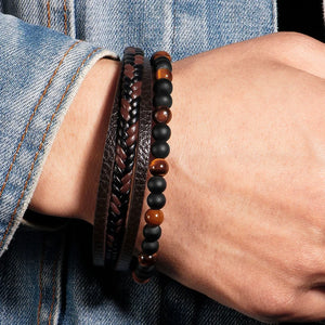 Volcanic Rock Leather Steel Braided Bracelet for Men