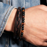 Volcanic Rock Leather Steel Braided Bracelet for Men