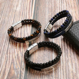 Volcanic Rock Leather Stainless Steel Braided Bracelet for Men
