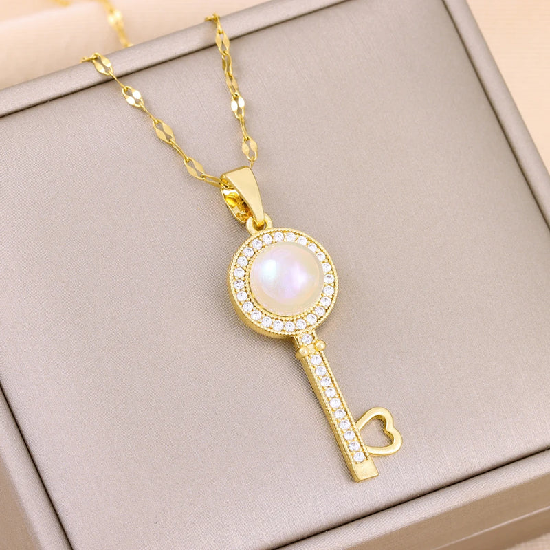 Zircon Crystal Pendant Necklace for Women Stainless Steel Chain Jewelry