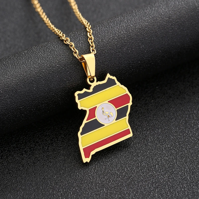 Uganda Map Flag Pendant Necklace Stainless Steel Silver Charm Ugandan Jewelry