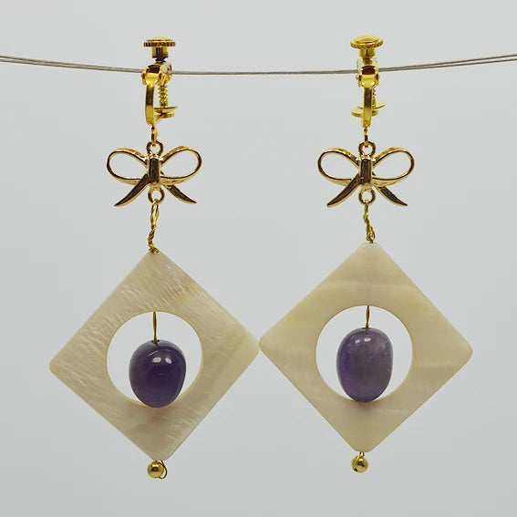 AA Amethyst Gemstone Shell Clip Earrings Wire Fine Jewelry