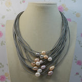 AA Leather Pearl Necklace Freshwater Pearls Gray Leather Magnet Clasp