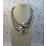 AA Leather Pearl Necklace Freshwater Pearls Gray Leather Magnet Clasp