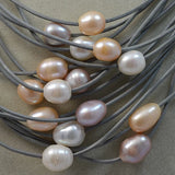 AA Leather Pearl Necklace Freshwater Pearls Gray Leather Magnet Clasp
