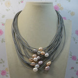 AA Leather Pearl Necklace Freshwater Pearls Gray Leather Magnet Clasp