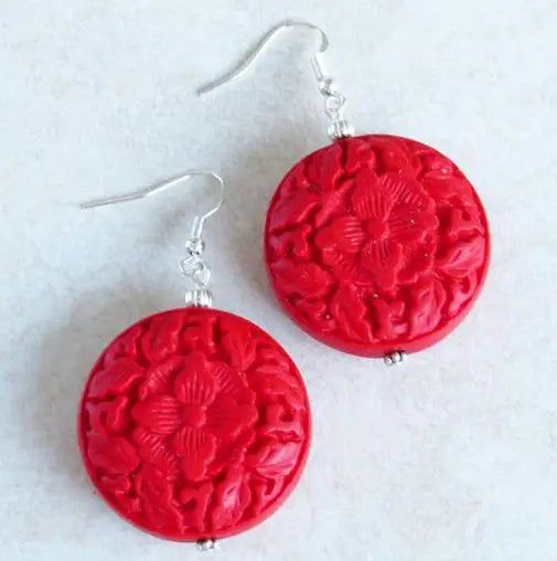 Chunky Red Cinnabar Statement Earrings S925 Sterling Silver Dangle