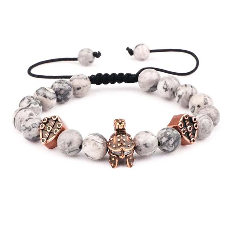 Men's Vintage Helmet Shield Charms Stone Beads Bracelet