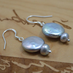 Silver Gray Flat Coin Freshwater Pearl Earrings S925 Silver Dangle Jewelry