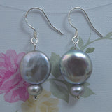 Silver Gray Flat Coin Freshwater Pearl Earrings S925 Silver Dangle Jewelry
