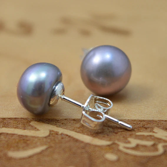 Gray Freshwater Pearl Earrings 11mm Silver Studs