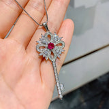 Lab Diamond Ruby Key Pendant Necklace for Women Wedding Party